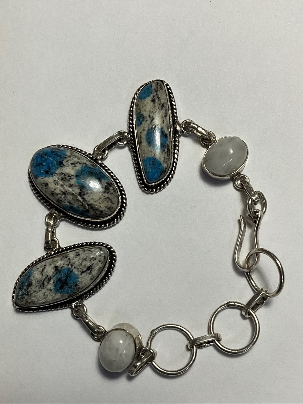 925 Silver Bracelet Blue-Accent K2 Jasper Milky Quartz Gemstones